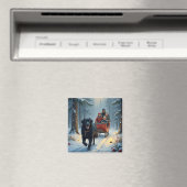 Newfoundland Dog Snowy Sleigh Ride Christmas マグネット (インサイチュ (食洗機))