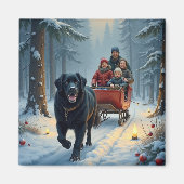 Newfoundland Dog Snowy Sleigh Ride Christmas マグネット (正面)