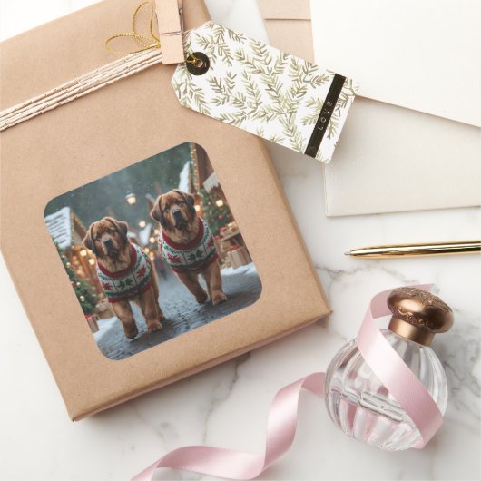 Newfoundland Dogs Christmas Snow Holiday スクエアシール (ギフト)