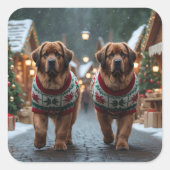Newfoundland Dogs Christmas Snow Holiday スクエアシール (正面)