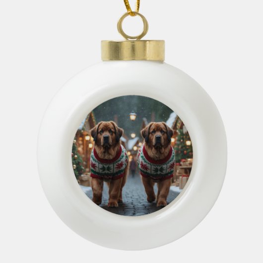Newfoundland Dogs Christmas Snow Holiday セラミックボールオーナメント (正面)