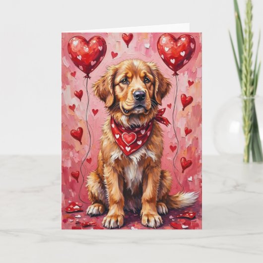 Newfoundland Valentine’s Day Dog with Hearts Red カード (正面)