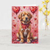 Newfoundland Valentine’s Day Dog with Hearts Red カード (黄色い花)