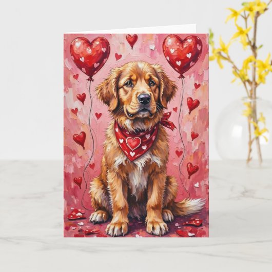 Newfoundland Valentine’s Day Dog with Hearts Red カード (黄色い花)