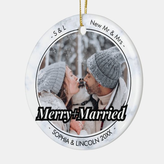 Newleywedsタイプライターメリーと写真結婚したクリスマス セラミックオーナメント (左)