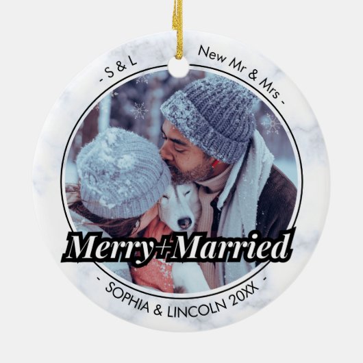 Newleywedsタイプライターメリーと写真結婚したクリスマス セラミックオーナメント (裏面)