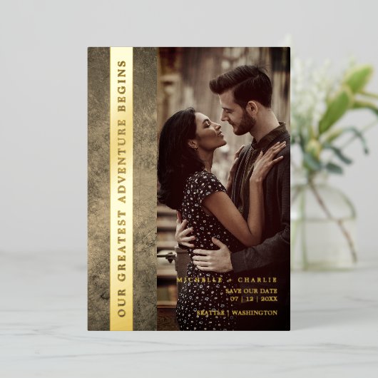 Newly Engaged Wedding Modern Grunge Romantic Photo 箔招待状 (立ち正面)