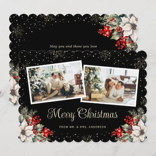 Newlywed 2 Photo Botanical Black Merry Christmas シーズンカード (正面/裏面)