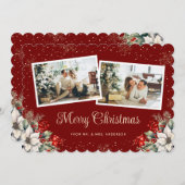 Newlywed 2 Photo Botanical Red Merry Christmas シーズンカード (正面/裏面)