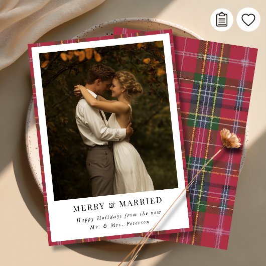 Newlywed Christmas Plaid Merry and Married Photo シーズンカード