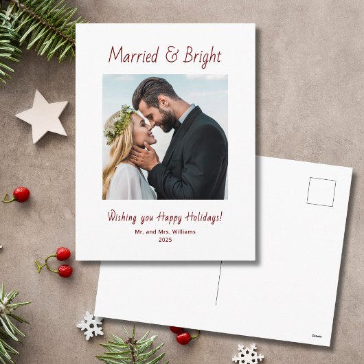 Newlywed Married and Bright Photo Christmas シーズンポストカード