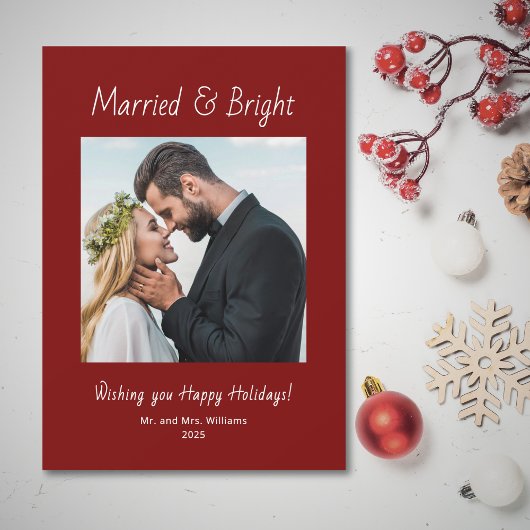 Newlywed Married and Bright Photo Red Christmas  シーズンカード
