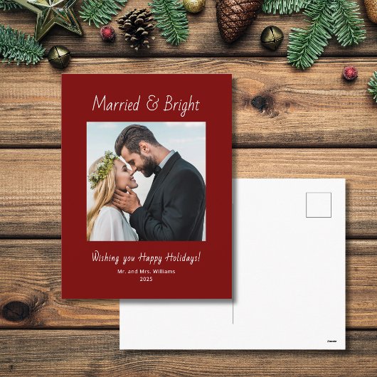 Newlywed Married and Bright Photo Red Christmas  シーズンポストカード