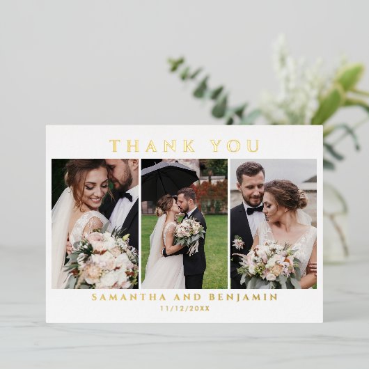 Newlywedsの写真結婚コラージュありがとう 箔招待状 (立ち正面)