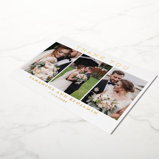Newlywedsの写真結婚コラージュありがとう 箔招待状 (回転した状態)
