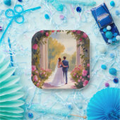 Newlyweds Bride & Groom Wedding Painting ペーパープレート (パーティー)