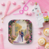 Newlyweds Bride & Groom Wedding Painting ペーパープレート (パーティー)