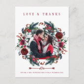 Newlyweds Christmas Red Floral Wedding Thank You ポストカード (正面)