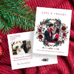 Newlyweds Christmas Red Floral Wedding Thank You ポストカード<br><div class="desc">Winter rustic modern wedding thank you photo card with white and red burgundy trendy watercolor peony roses and blooms wreath with seasonal pine hunter green fir branches and holly berries over a clear white background. Personalize it with 2 photos (one square on the front side and one landscape on the...</div>