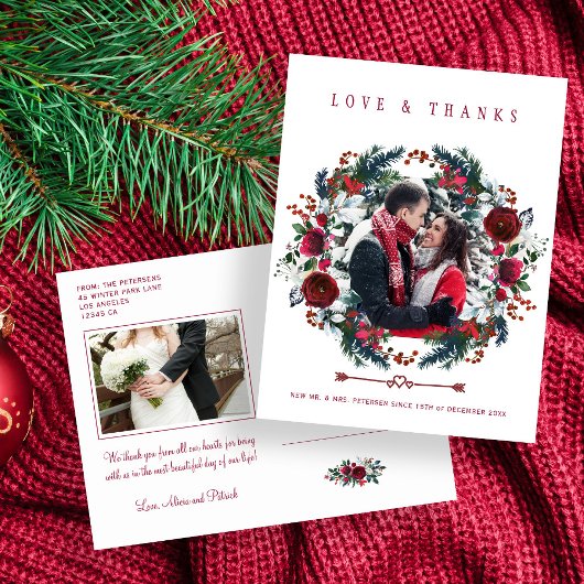Newlyweds Christmas Red Floral Wedding Thank You ポストカード
