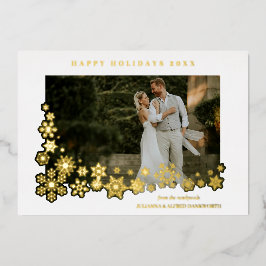Newlyweds First Christmas Snowflakes Frame Photo 箔シーズンカード