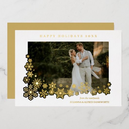 Newlyweds First Christmas Snowflakes Frame Photo 箔シーズンカード (正面/裏面)