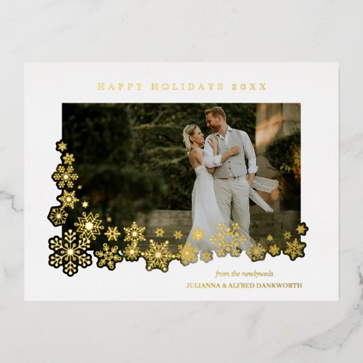 Newlyweds First Christmas Snowflakes Frame Photo 箔シーズンポストカード (正面)