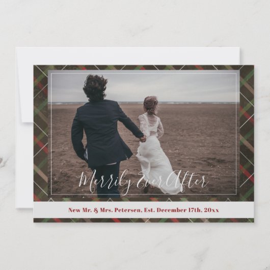 Newlyweds Merily Ever After Christmas plaid photo シーズンカード (正面)