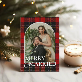 Newlyweds Rustic Modern Plaid Tartan Red シーズンカード