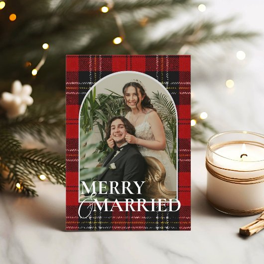 Newlyweds Rustic Modern Plaid Tartan Red シーズンカード
