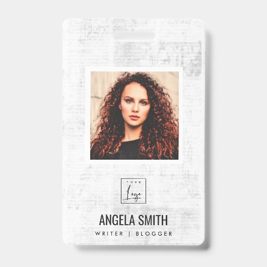 NEWPAPERテクスチャ従業員の写真バーコード名 バッジ (正面)