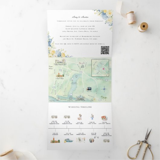 Newport Beach Watercolor Map Tri-Fold Invitation 三つ折り招待状 (内部)