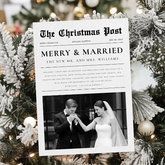Newspaper Christmas Black and White Newlywed Photo シーズンカード