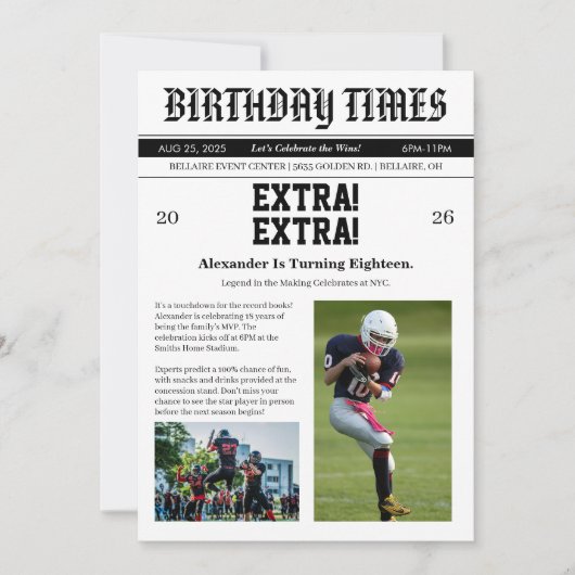Newspaper Football Birthday 招待状 (正面)