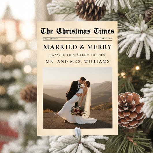 Newspaper Just Married & Merry Photo Christmas シーズンカード