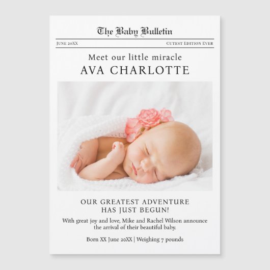 Newspaper Newborn Baby Announcement Magnetic Card (正面)