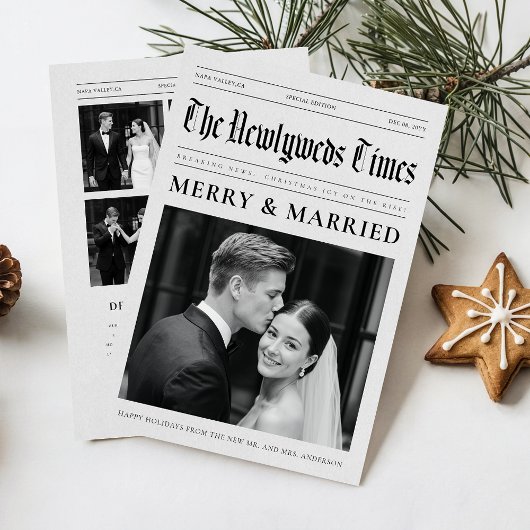 Newspaper Newlywed Black and White Photo Christmas シーズンカード