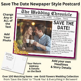Newspaper Photo Style Save The Date, Maroon & Gold 案内ポストカード