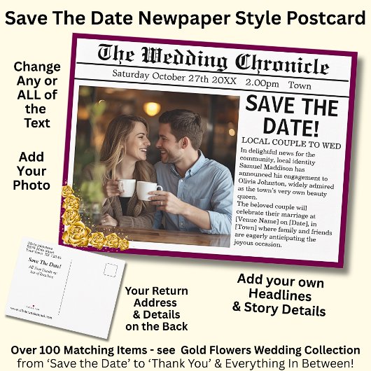 Newspaper Photo Style Save The Date, Maroon & Gold 案内ポストカード