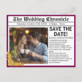 Newspaper Photo Style Save The Date, Maroon & Gold 案内ポストカード (正面)