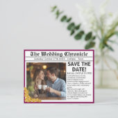 Newspaper Photo Style Save The Date, Maroon & Gold 案内ポストカード (スタンド正面)