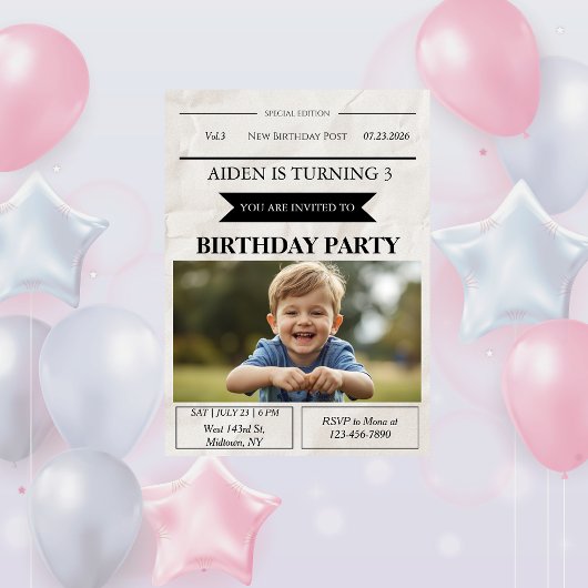 Newspaper Style Custom Photo Birthday 招待状