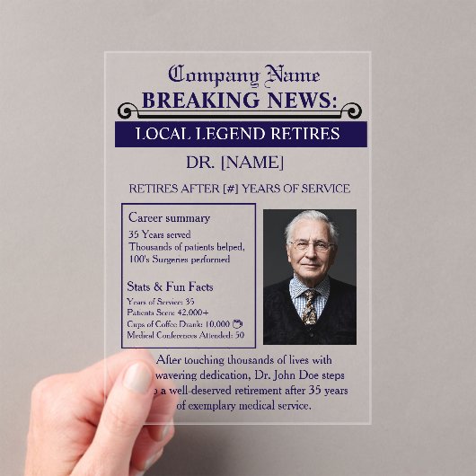 Newspaper Style Doctor Retirement Card | Custom アクリル招待状 (インサイチュ (ポータブル))