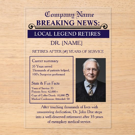 Newspaper Style Doctor Retirement Card | Custom アクリル招待状 (正面)