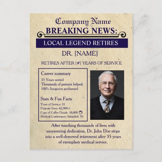 Newspaper Style Doctor Retirement Card | Custom ポストカード (正面)