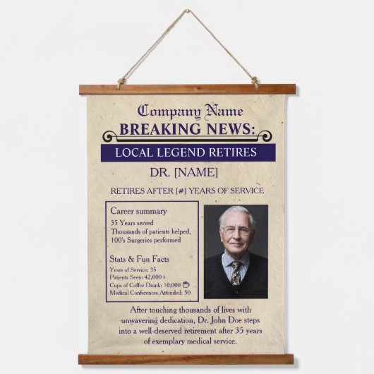 Newspaper Style Doctor Retirement Card | Custom 吊り下げ型タペストリー (正面)
