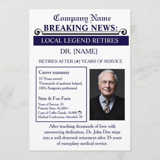 Newspaper Style Doctor Retirement Card | Custom 招待状 (正面)