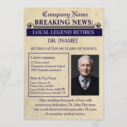 Newspaper Style Doctor Retirement Card | Custom 招待状 (正面)