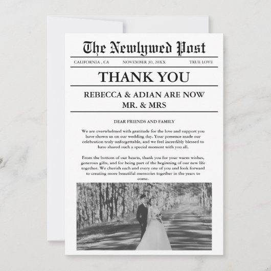 Newspaper Style Unique Photo Wedding Thank You  招待状 (正面)