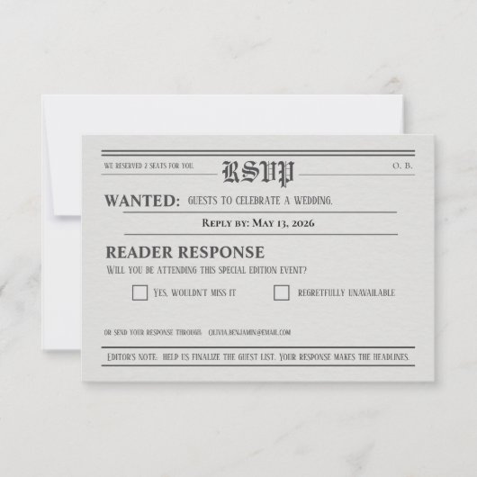 Newspaper-Style Wedding RSVP Response card (正面)